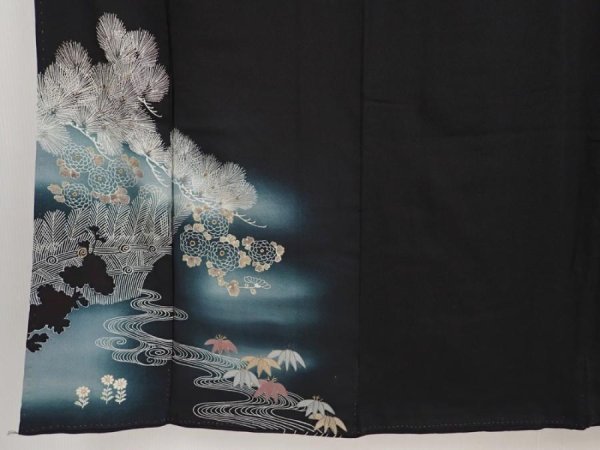Photo6: 5907T10z830 Antique Japanese Kimono Silk TOMESODE Pine Black (6)