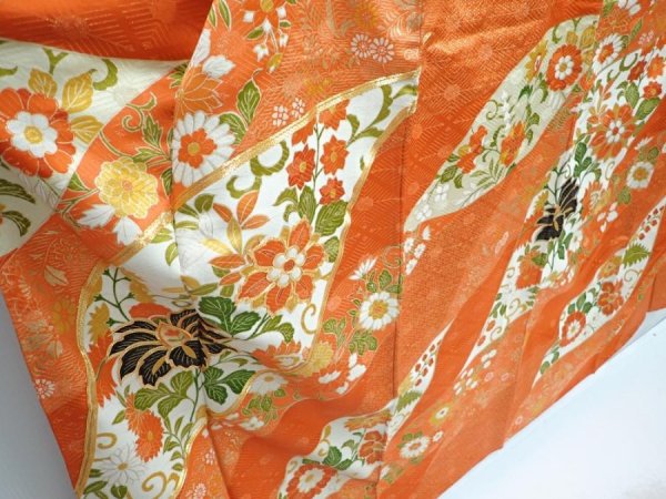 Photo3: 5907T12z1170 Vintage Japanese Kimono Silk FURISODE Flowers Orangered (3)