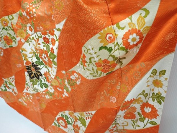 Photo4: 5907T12z1170 Vintage Japanese Kimono Silk FURISODE Flowers Orangered (4)