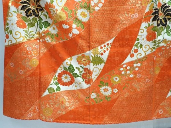 Photo6: 5907T12z1170 Vintage Japanese Kimono Silk FURISODE Flowers Orangered (6)