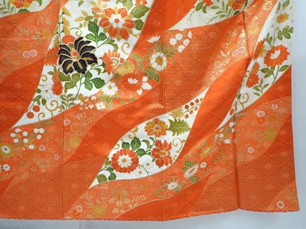 Photo7: 5907T12z1170 Vintage Japanese Kimono Silk FURISODE Flowers Orangered (7)
