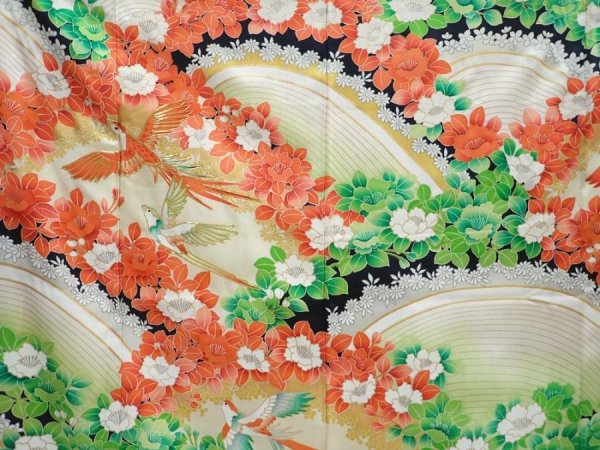 Photo8: 5907T13z1100 Vintage Japanese Kimono Silk FURISODE Bird Off-white (8)