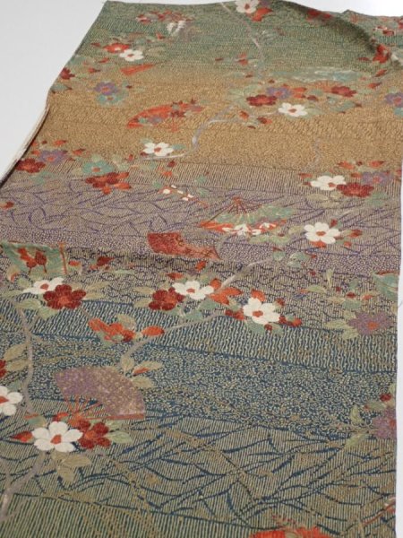 Photo3: 2C01z60  Japanese Kimono Silk  FABRIC Branch Dark green 40.9x14.8 (3)
