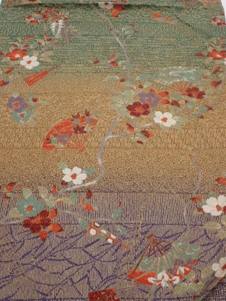 Photo1: 2C02z60  Japanese Kimono Silk  FABRIC Branch Dark green 40.9x14.8 (1)