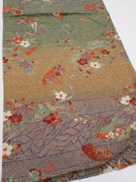 Photo2: 2C02z60  Japanese Kimono Silk  FABRIC Branch Dark green 40.9x14.8 (2)