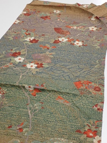 Photo3: 2C02z60  Japanese Kimono Silk  FABRIC Branch Dark green 40.9x14.8 (3)