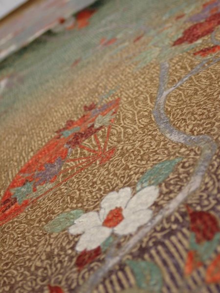 Photo4: 2C02z60  Japanese Kimono Silk  FABRIC Branch Dark green 40.9x14.8 (4)