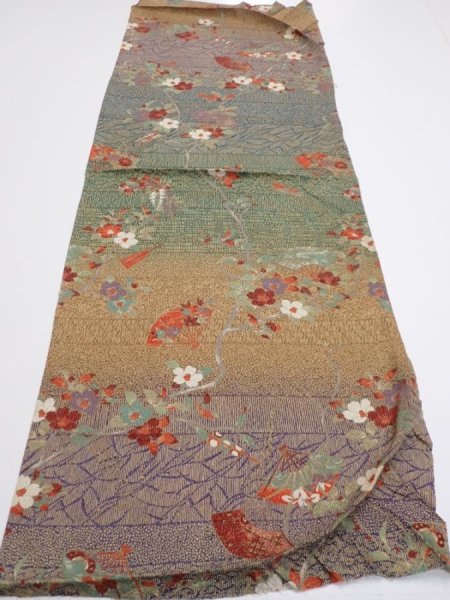 Photo5: 2C02z60  Japanese Kimono Silk  FABRIC Branch Dark green 40.9x14.8 (5)