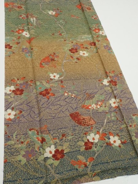 Photo2: 2C03z100  Japanese Kimono Silk  FABRIC Branch Dark green 67.3x14.8 (2)