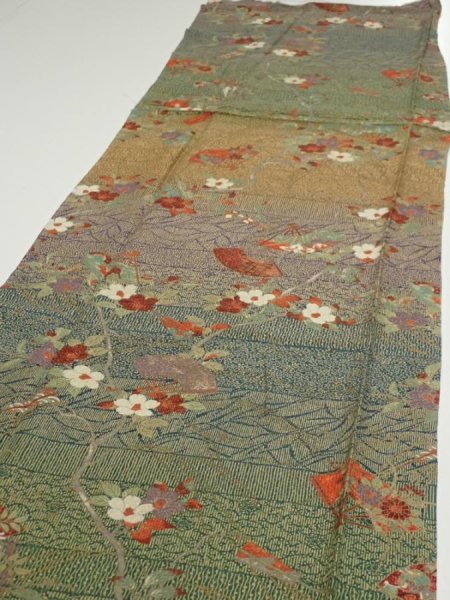 Photo3: 2C03z100  Japanese Kimono Silk  FABRIC Branch Dark green 67.3x14.8 (3)