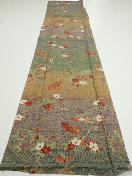 Photo5: 2C03z100  Japanese Kimono Silk  FABRIC Branch Dark green 67.3x14.8 (5)