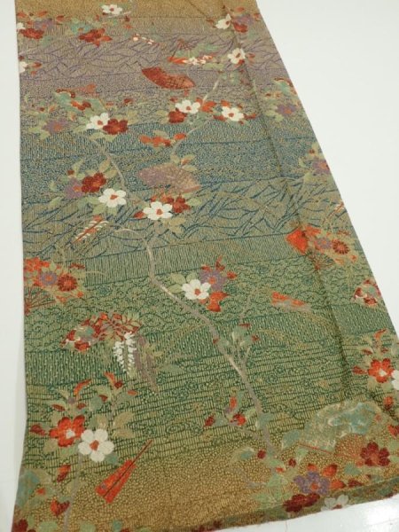 Photo2: 2C05z90  Japanese Kimono Silk  FABRIC Branch Dark green 66.5x15.0 (2)