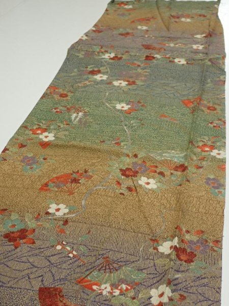 Photo3: 2C05z90  Japanese Kimono Silk  FABRIC Branch Dark green 66.5x15.0 (3)