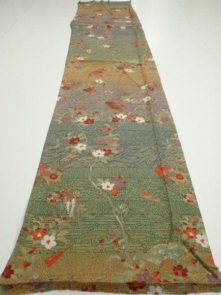 Photo5: 2C05z90  Japanese Kimono Silk  FABRIC Branch Dark green 66.5x15.0 (5)