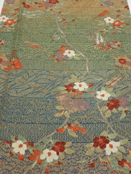 Photo1: 2C06z90  Japanese Kimono Silk  FABRIC Branch Dark green 66.1x15.0 (1)