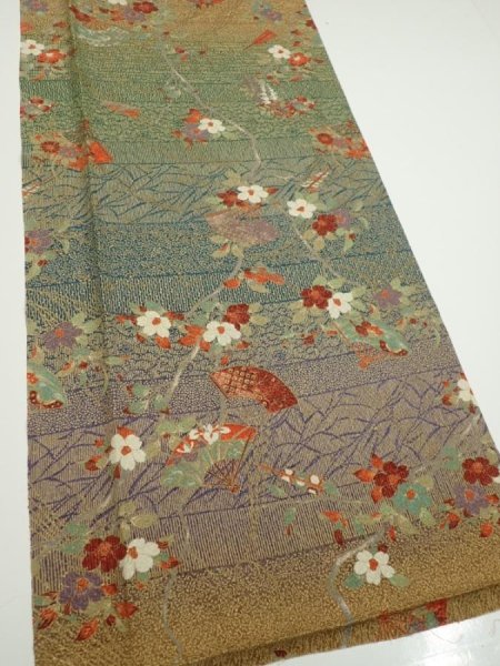 Photo2: 2C06z90  Japanese Kimono Silk  FABRIC Branch Dark green 66.1x15.0 (2)