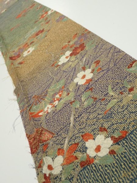 Photo1: 2C07z40  Japanese Kimono Silk  FABRIC Branch Dark green 59.8x7.1 (1)