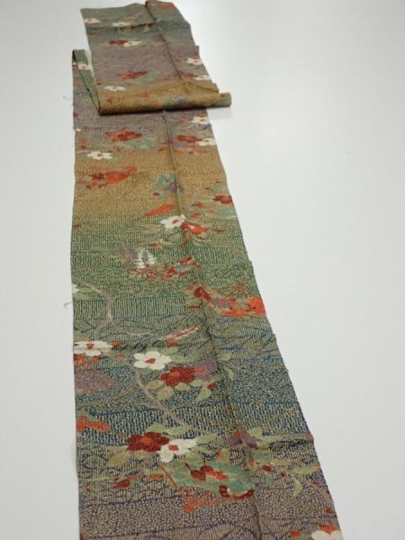 Photo3: 2C09z60  Japanese Kimono Silk  FABRIC Branch Dark green 87.0x7.3 (3)