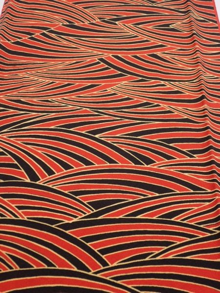Photo1: 2C01z90  Japanese Kimono Silk  FABRIC Wave Orange-Red 62.6x14.6 (1)