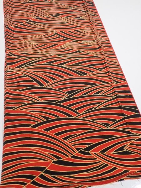 Photo2: 2C01z90  Japanese Kimono Silk  FABRIC Wave Orange-Red 62.6x14.6 (2)