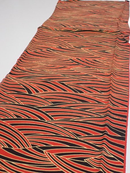 Photo3: 2C01z90  Japanese Kimono Silk  FABRIC Wave Orange-Red 62.6x14.6 (3)