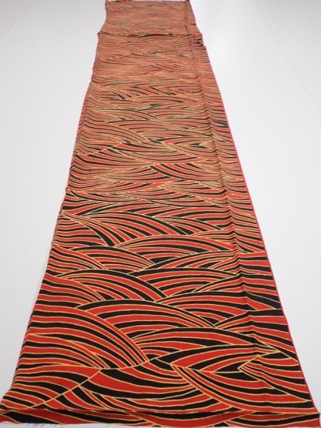 Photo5: 2C01z90  Japanese Kimono Silk  FABRIC Wave Orange-Red 62.6x14.6 (5)