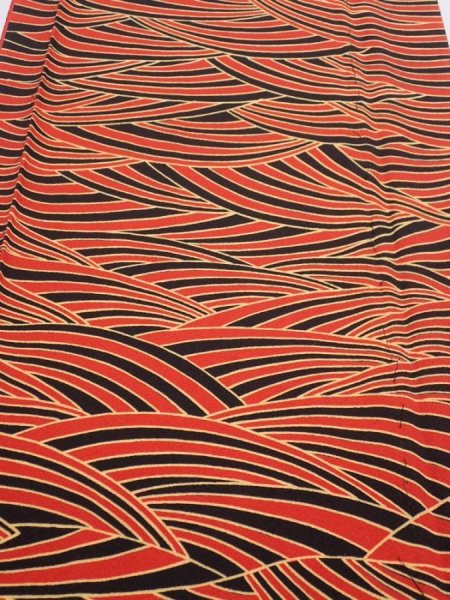 Photo1: 2C02z70  Japanese Kimono Silk  FABRIC Wave Orange-Red 48.4x14.4 (1)
