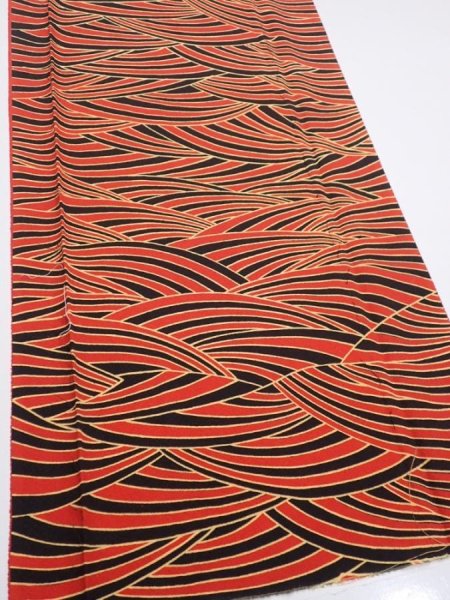 Photo2: 2C02z70  Japanese Kimono Silk  FABRIC Wave Orange-Red 48.4x14.4 (2)