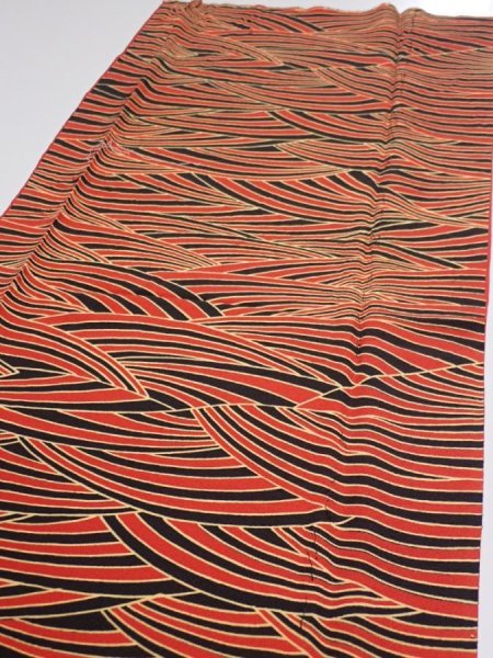 Photo3: 2C02z70  Japanese Kimono Silk  FABRIC Wave Orange-Red 48.4x14.4 (3)
