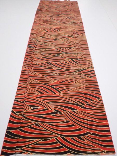 Photo5: 2C02z70  Japanese Kimono Silk  FABRIC Wave Orange-Red 48.4x14.4 (5)