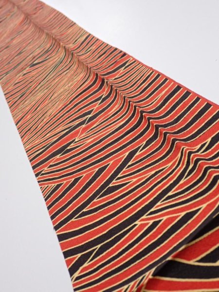 Photo1: 2C05z50  Japanese Kimono Silk  FABRIC Wave Orange-Red 67.7x6.7 (1)