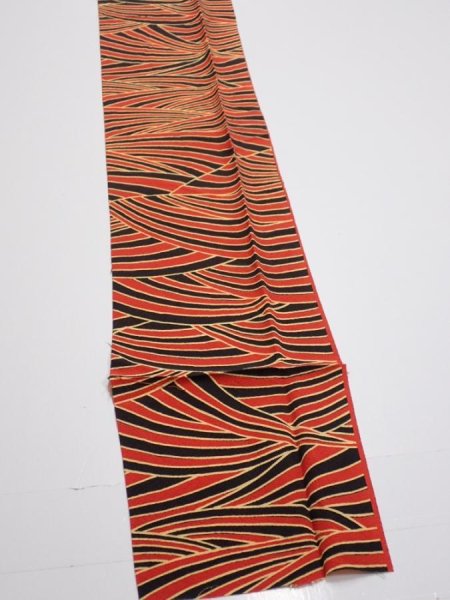 Photo2: 2C05z50  Japanese Kimono Silk  FABRIC Wave Orange-Red 67.7x6.7 (2)