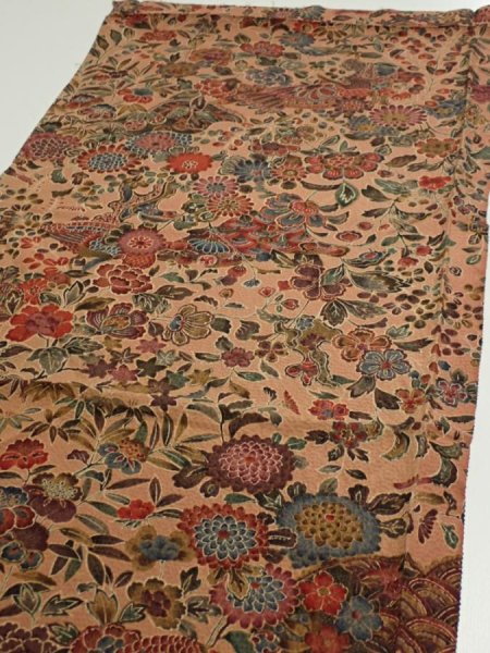 Photo3: 2C01z60  Japanese Kimono Silk  FABRIC Flowers Pink-Brown 40.9x14.8 (3)