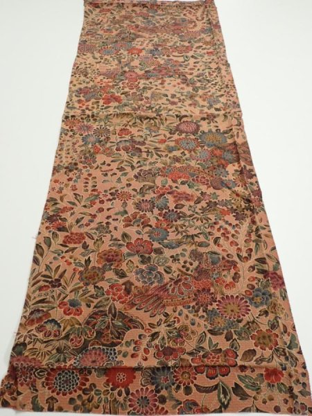 Photo5: 2C01z60  Japanese Kimono Silk  FABRIC Flowers Pink-Brown 40.9x14.8 (5)