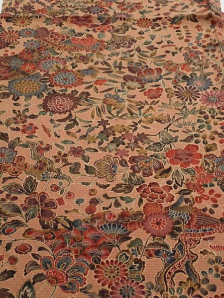 Photo1: 2C02z60  Japanese Kimono Silk  FABRIC Flowers Pink-Brown 40.6x14.8 (1)