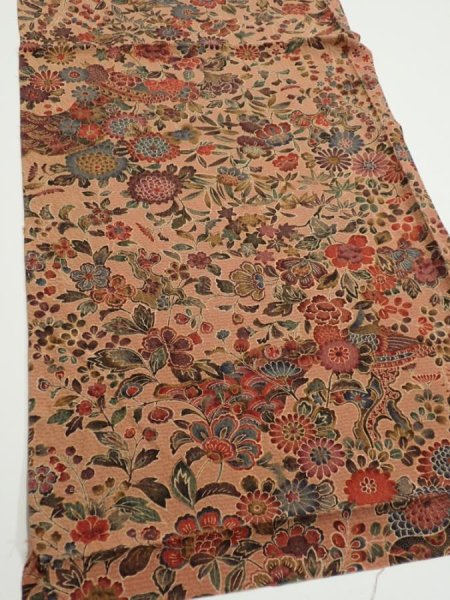 Photo2: 2C02z60  Japanese Kimono Silk  FABRIC Flowers Pink-Brown 40.6x14.8 (2)