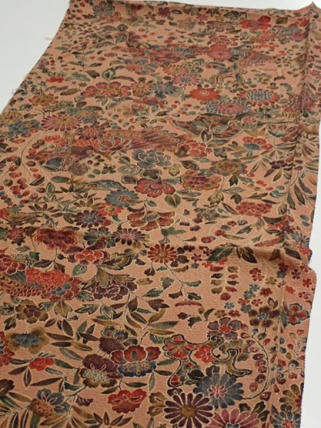 Photo3: 2C02z60  Japanese Kimono Silk  FABRIC Flowers Pink-Brown 40.6x14.8 (3)
