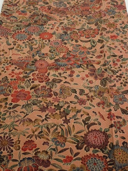 Photo1: 2C03z90  Japanese Kimono Silk  FABRIC Flowers Pink-Brown 66.9x14.8 (1)