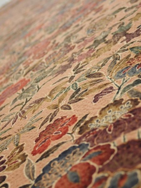 Photo4: 2C03z90  Japanese Kimono Silk  FABRIC Flowers Pink-Brown 66.9x14.8 (4)