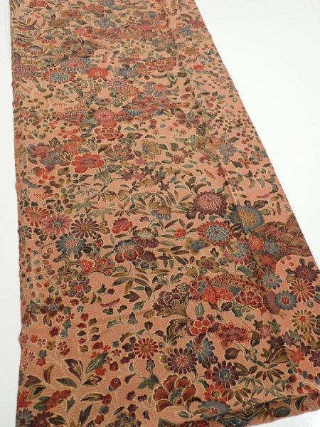 Photo2: 2C05z90  Japanese Kimono Silk  FABRIC Flowers Pink-Brown 67.3x14.8 (2)
