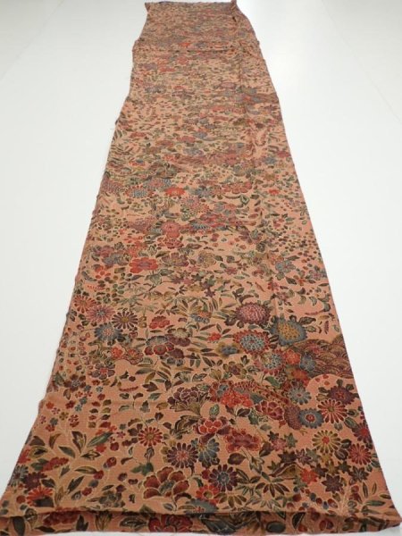 Photo5: 2C05z90  Japanese Kimono Silk  FABRIC Flowers Pink-Brown 67.3x14.8 (5)