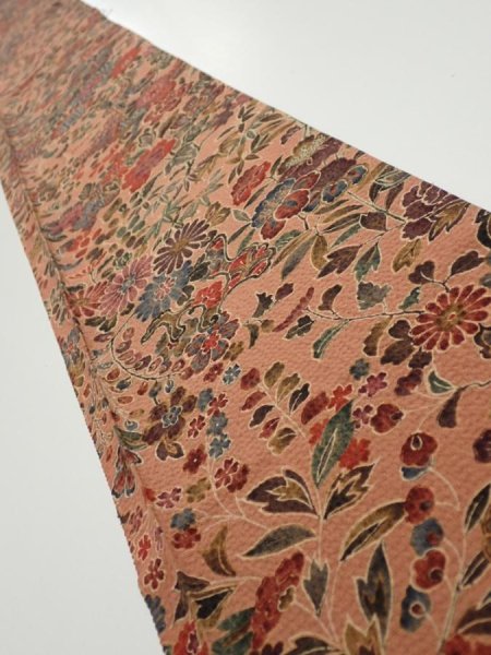 Photo1: 2C07z40  Japanese Kimono Silk  FABRIC Flowers Pink-Brown 61.0x7.3 (1)
