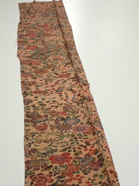 Photo3: 2C08z40  Japanese Kimono Silk  FABRIC Flowers Pink-Brown 60.6x7.3 (3)