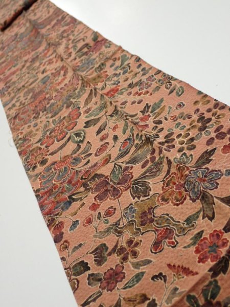 Photo1: 2C09z60  Japanese Kimono Silk  FABRIC Flowers Pink-Brown 84.6x7.1 (1)