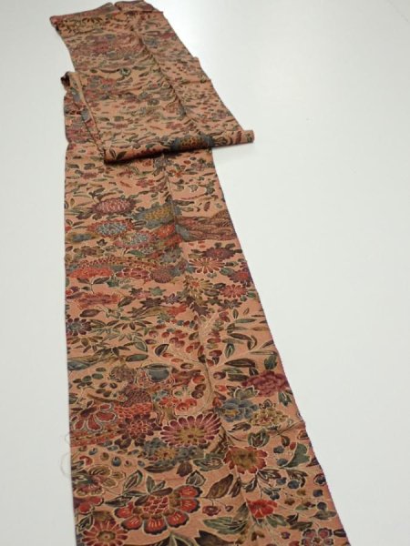 Photo3: 2C09z60  Japanese Kimono Silk  FABRIC Flowers Pink-Brown 84.6x7.1 (3)