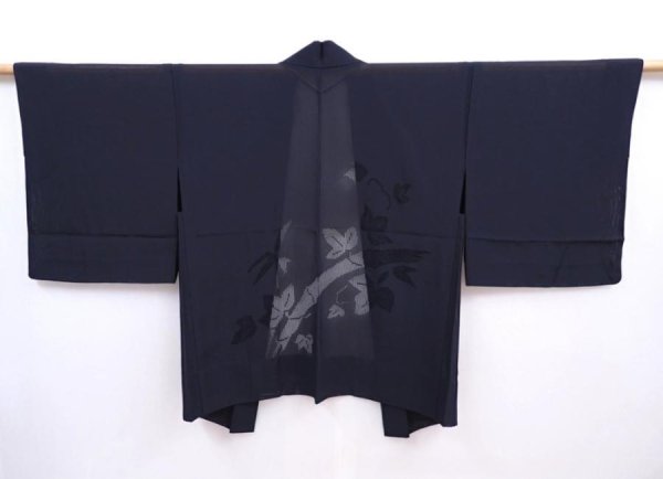 Photo1: 5910T01z300 Vintage Japanese Kimono Silk See through HAORI Bamboo Black (1)