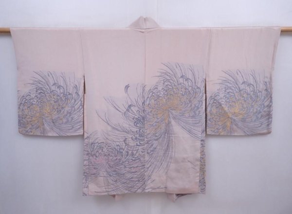 Photo1: 5910T02z550 Vintage Japanese Kimono Silk HAORI Chrysanthemum Ash pink (1)