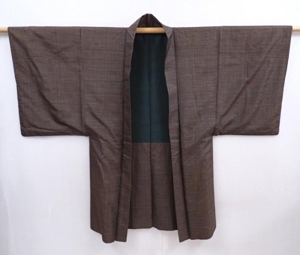 Photo1: 5910T06z410 Vintage Japanese Kimono Silk Men's HAORI  Brown-Gray (1)