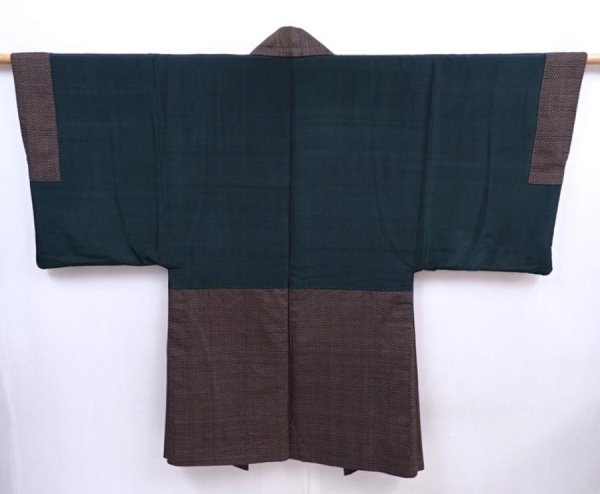 Photo2: 5910T06z410 Vintage Japanese Kimono Silk Men's HAORI  Brown-Gray (2)
