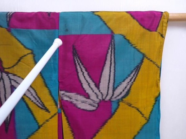 Photo6: 5910T07z550 Vintage Japanese Kimono Silk HAORI Bamboo grass Yellow ochre (6)